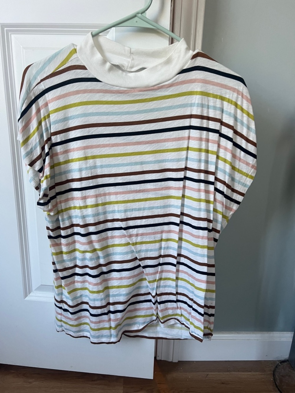 LOFT White Multi-Striped Short Sleeve Mock Neck Top